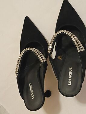 Black Pointed Crystal-Trim Mules